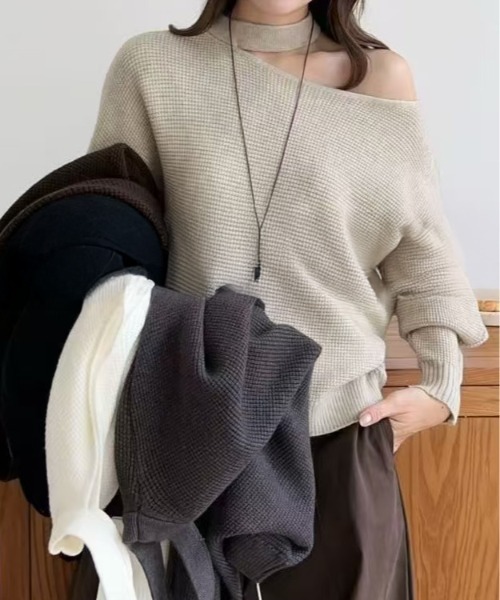 FINEnough ニット セーター ワンショルダーカットアウト ワッフル