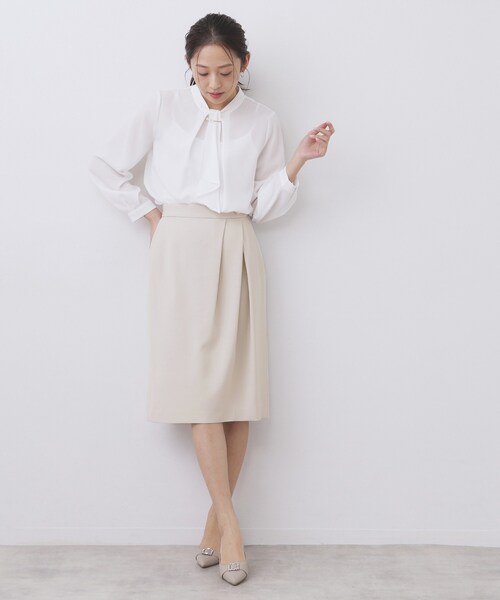 ANAYI ポリエステルストレッチ タックスカート S ホワイト アイボリー セットアップ対応商品】ストレッチナイロンタックフレア スカート