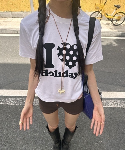 ViViDAY tシャツ 半袖 I LOVE HOLIDAY ドットハート柄＆英字ロゴ