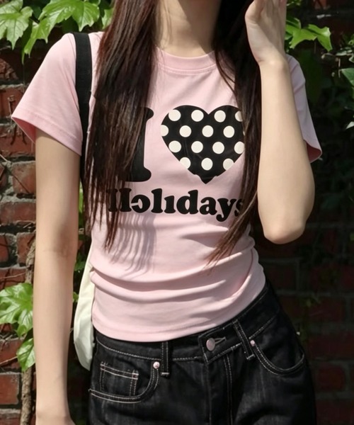 ViViDAY tシャツ 半袖 I LOVE HOLIDAY ドットハート柄＆英字ロゴ