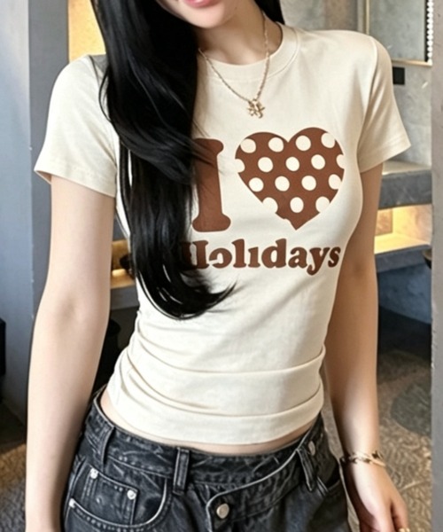 ViViDAY tシャツ 半袖 I LOVE HOLIDAY ドットハート柄＆英字ロゴ