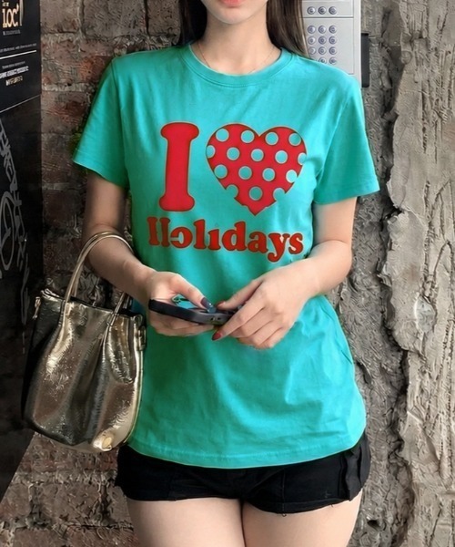 ViViDAY tシャツ 半袖 I LOVE HOLIDAY ドットハート柄＆英字ロゴ