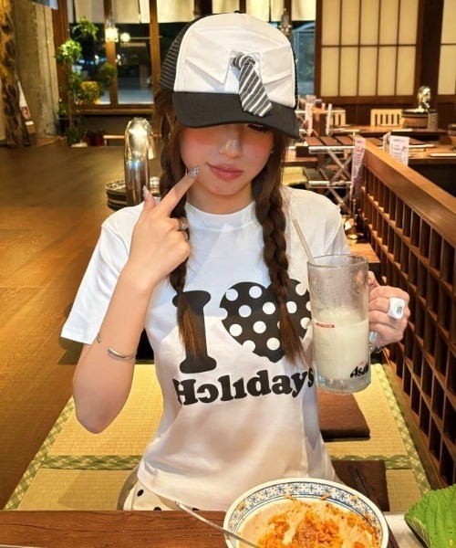 ViViDAY tシャツ 半袖 I LOVE HOLIDAY ドットハート柄＆英字ロゴ