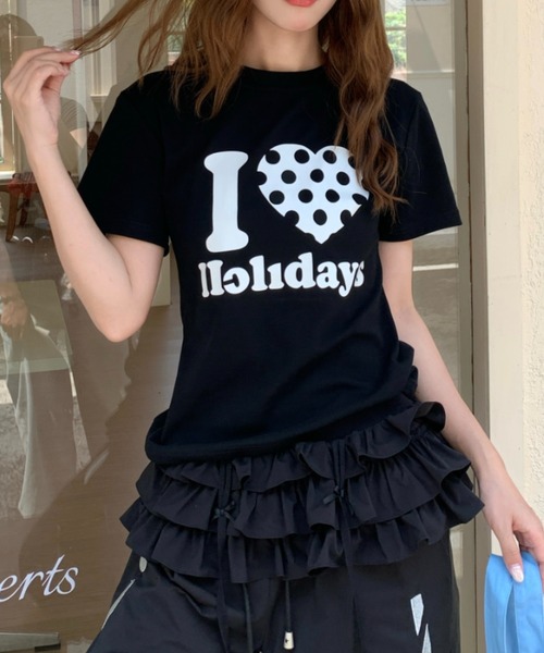 ViViDAY tシャツ 半袖 I LOVE HOLIDAY ドットハート柄＆英字ロゴ