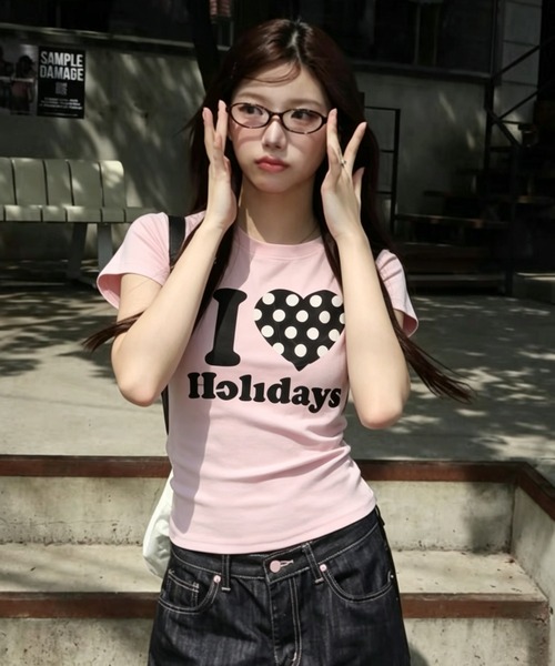ViViDAY tシャツ 半袖 I LOVE HOLIDAY ドットハート柄＆英字ロゴ