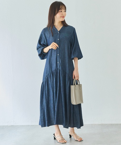 【XS】マーレット◇シャツワンピース シアー ピンタック コットン ギャザー LAVEANGE（ラビアンジェ） シャツワンピース シアーデニムギャザー