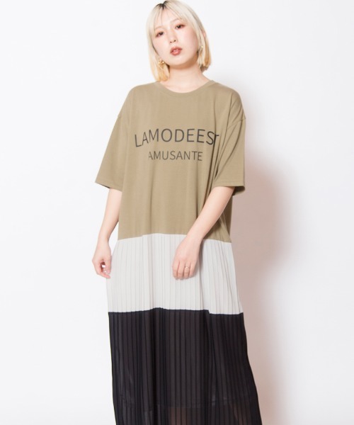 ワンピース ロゴプリントプリーツ切替ワンピース