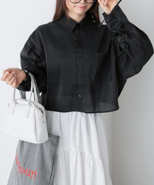 マルチサイズ  ギャザースリーブクロップドシャツ レディース 1chaku. マルチサイズ ギャザースリーブクロップドシャツ