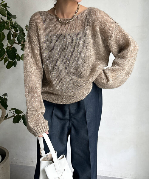 DOUDOU ラメ入りベージュニットセーター 長袖
