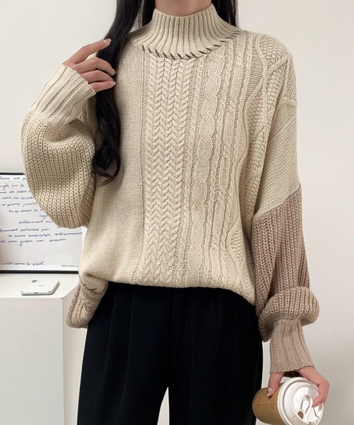 ABITOKYO ニット セーター 配色ケーブル切替ハンドステッチ