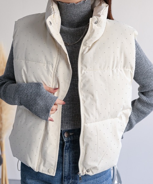 sakishimatokyo ダウンベスト ベスト ビジュー付き スタンドカラー