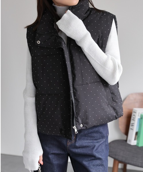 sakishimatokyo ダウンベスト ベスト ビジュー付き スタンドカラー