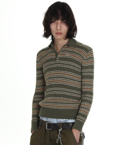 MASONPRINCE / ニット・セーター(厚手)/3/--/GRY/総柄 MASONPRINCE セーター ニット ジャストフィット ポロカラー ボーダー柄