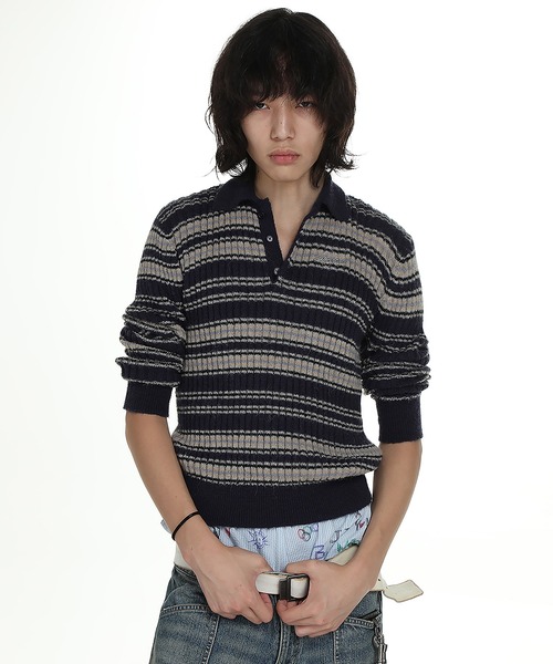 MASONPRINCE セーター ニット ジャストフィット ポロカラー ボーダー柄
