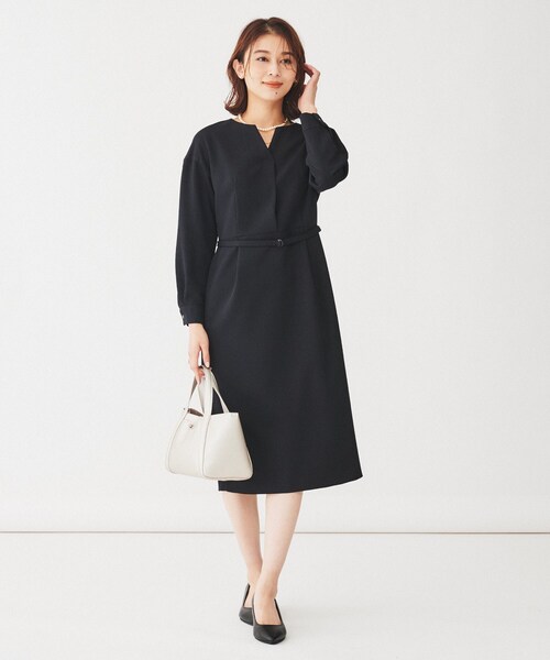 美品★THE ROW★キーネック★ 異素材★ストレート★ワンピース セール】 【きれいめ/日本製】キーネックナローワンピース