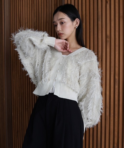 美品　ラインヴァンド　パッチワークフリンジカーディガン　F アイボリー 美品 ラインヴァンド パッチワークフリンジカーディガン F