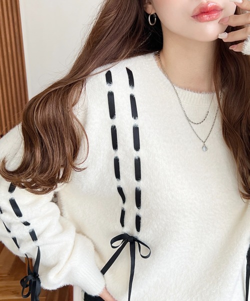 moment+ ニット セーター 編み込みリボンフェザーニットプルオーバー