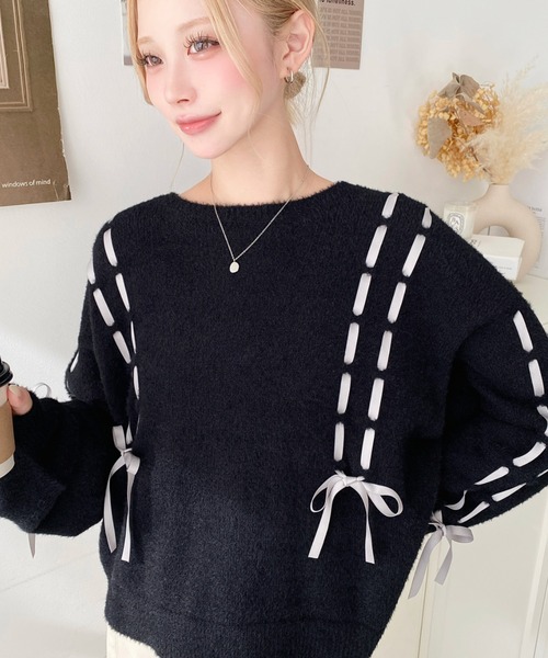 moment+ ニット セーター 編み込みリボンフェザーニットプルオーバー