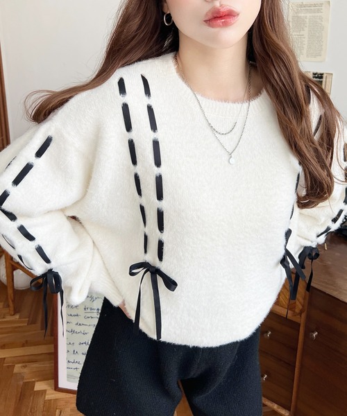 アモッサローゲージ 配色パイピングプルオーバー 袖リボン ニット Dot&Stripes CHILDWOMAN - アモッサローゲージ 配色パイピングプル