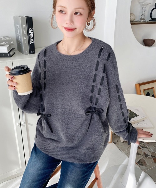 アモッサローゲージ 配色パイピングプルオーバー 袖リボン ニット Dot&Stripes CHILDWOMAN - アモッサローゲージ 配色パイピングプル