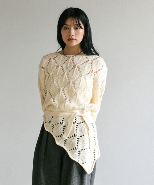 ライン刺繍 透かし編みニット レイヤード ラップスカート　アプロタス select MOCA（セレクトモカ） スカート 透かし編みラップレイヤード