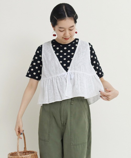 ベスト ジレ からみジャカード フリルショートベスト レディース