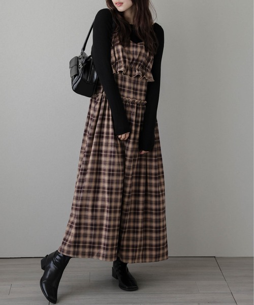 ワンピース フリルギャザーチェック柄ワンピース : ZOZOTOWN Yahoo!店