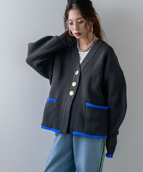 ELLE girl ニット　カーディガン　スウェット　ブラック　黒　パイピング X-girl（エックスガール） カーディガン FACE JACQUARD KNIT CARDIGAN