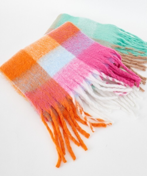 ストール・マフラー [カラーは、ピンク] マフラー ストール ポンポン付き マルチボーダーストールマフラー
