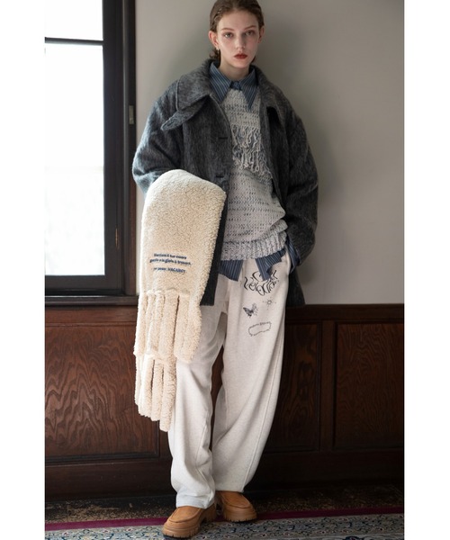 マフラー ストール ロゴ刺繍フリンジボアマフラー/ポケット付き