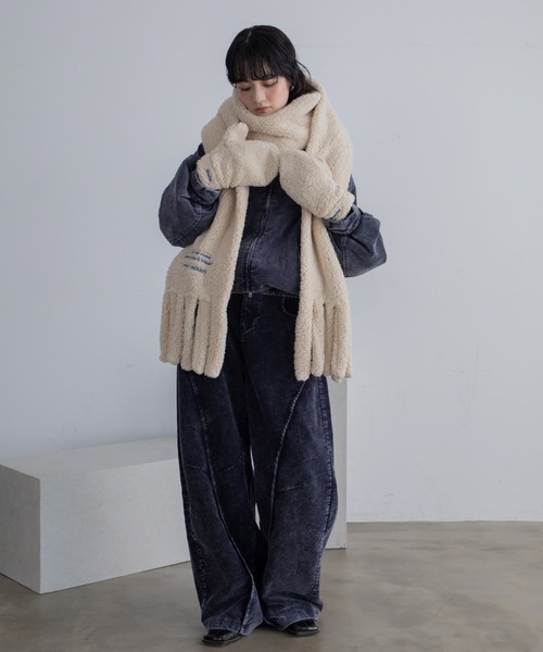 マフラー ストール ロゴ刺繍フリンジボアマフラー/ポケット付き