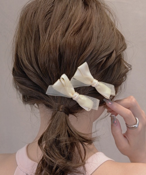 サテン オーガンジー 重ねリボン ベビーヘアクリップ ヘアピン ヘアゴム リボン Heartdance（ハートダンス） ヘアクリップ サテン×オーガンジーリボン