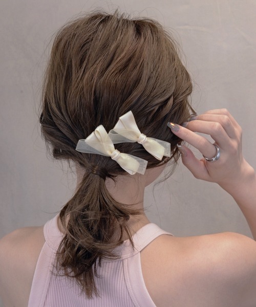 サテン オーガンジー 重ねリボン ベビーヘアクリップ ヘアピン ヘアゴム リボン Heartdance（ハートダンス） ヘアクリップ サテン×オーガンジーリボン