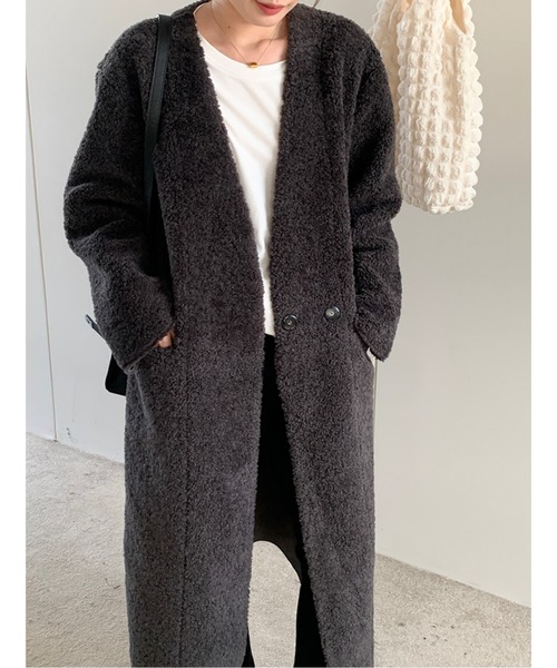 ノーカラーコート コート ノーカラーダブルボタンエコボアロングコート