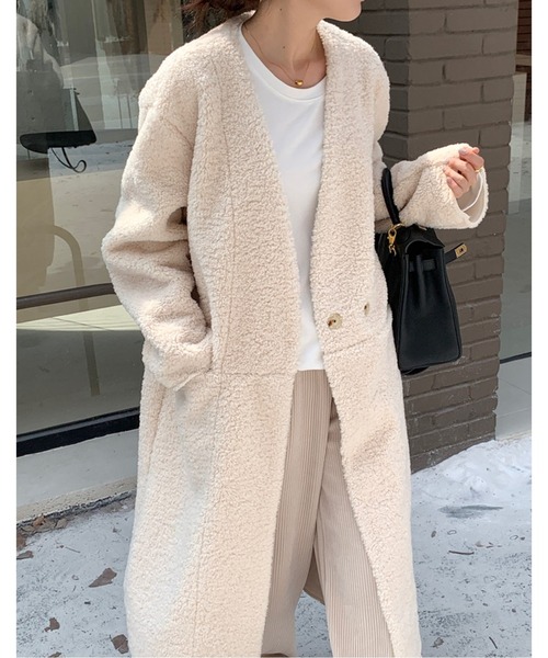 ノーカラーコート コート ノーカラーダブルボタンエコボアロングコート