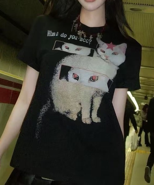ViViDAY tシャツ 半袖 猫＆英字プリント ショートtシャツ レディース