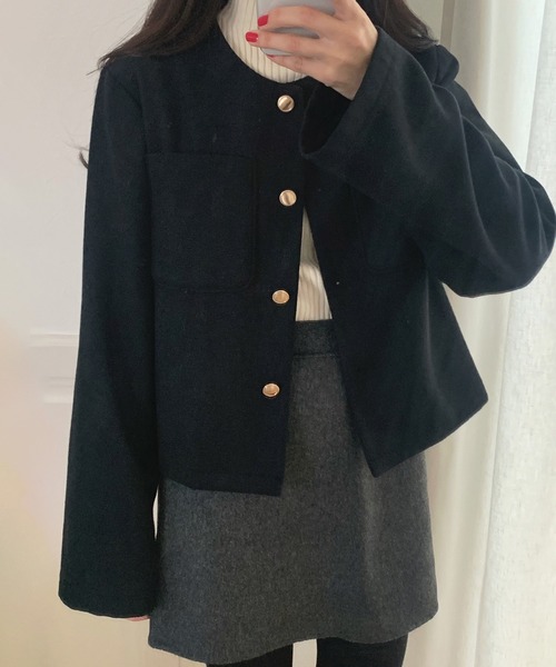 「LAUIR」 ノーカラージャケット LARGE ダークグレー レディース_画像3