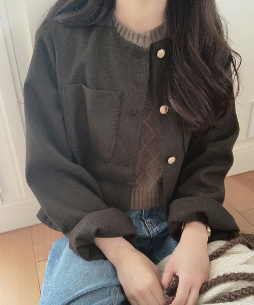「LAUIR」 ノーカラージャケット LARGE ダークグレー レディース_画像6
