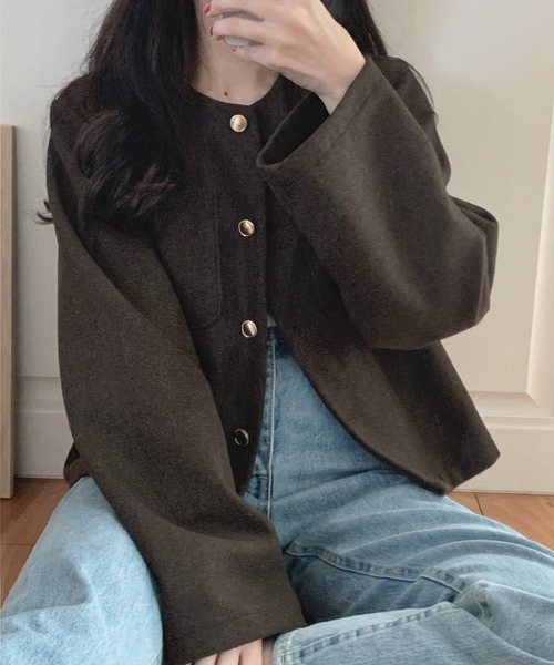 「LAUIR」 ノーカラージャケット LARGE ダークグレー レディース_画像8