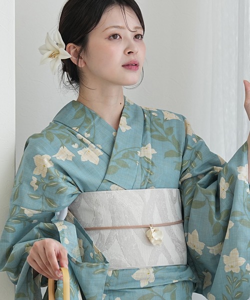 utatane 浴衣 浴衣3点セット 綿麻 先染めベージュ・水色に桔梗