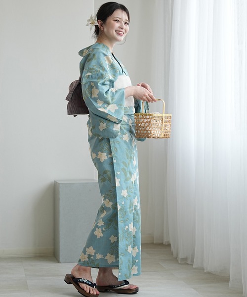 瑠璃色に咲く桔梗の綿麻浴衣セット utatane 浴衣 浴衣3点セット 綿麻 先染めベージュ・水色に桔梗