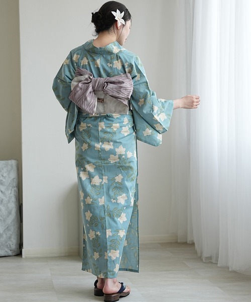 utatane 浴衣 浴衣3点セット 綿麻 先染めベージュ・水色に桔梗
