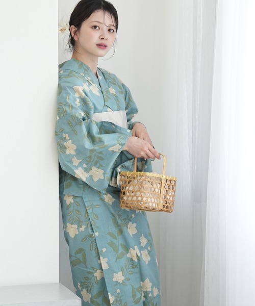 utatane 浴衣 浴衣3点セット 綿麻 先染めベージュ・水色に桔梗