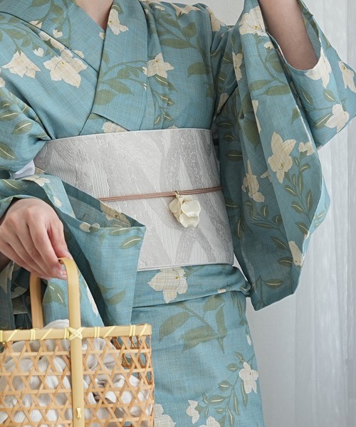 utatane 浴衣 浴衣3点セット 綿麻 先染めベージュ・水色に桔梗