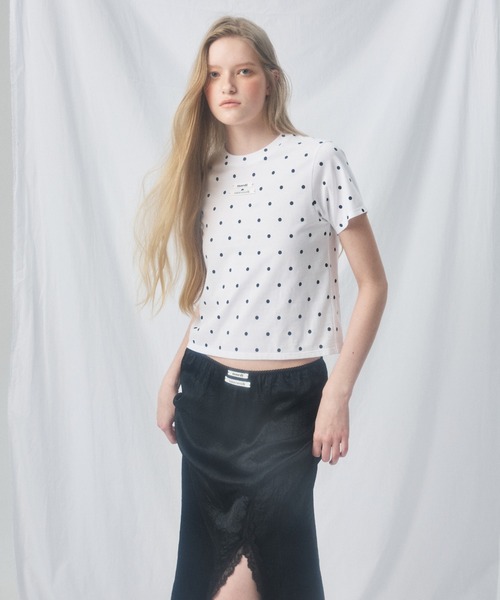  ドット柄 スリムフィット Tシャツ Lサイズ 半袖 レディース Mardi Mercredi（マルディメクルディ） tシャツ 半袖 SLIM TSHIRT DOT