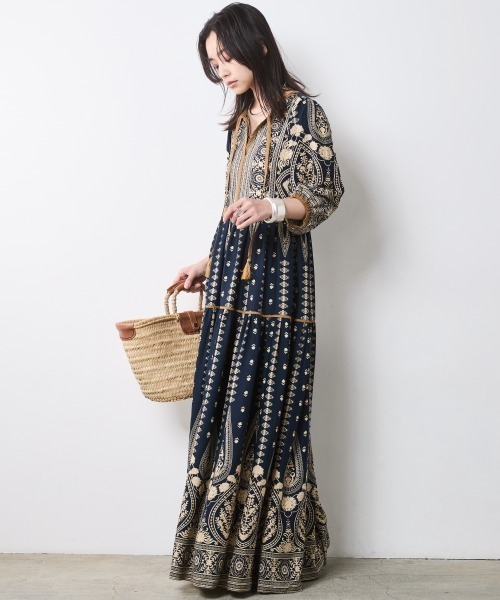 「CHIC STYLE」 7分袖ワンピース LL ブルー レディース_画像3