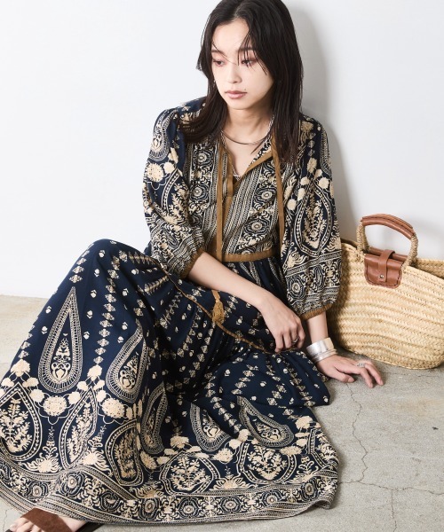 「CHIC STYLE」 7分袖ワンピース LL ブルー レディース_画像4