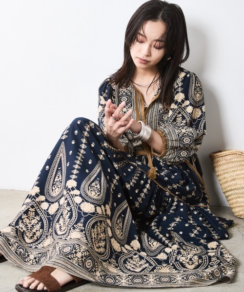 「CHIC STYLE」 7分袖ワンピース LL ブルー レディース_画像5