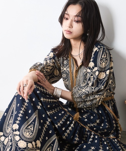 「CHIC STYLE」 7分袖ワンピース LL ブルー レディース_画像6
