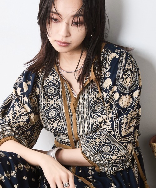 「CHIC STYLE」 7分袖ワンピース LL ブルー レディース_画像7